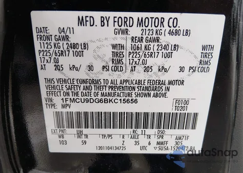 2011 Ford Escape Xlt z USA, uszkodzony, nr VIN 1FMCU9DG6BKC15656